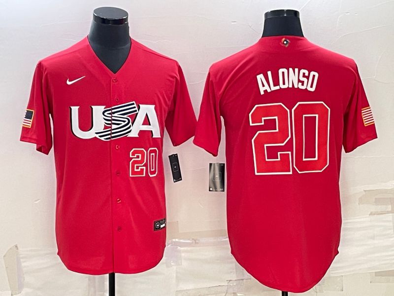 Men 2023 World Cub USA #20 Alonso Red Nike MLB Jersey1